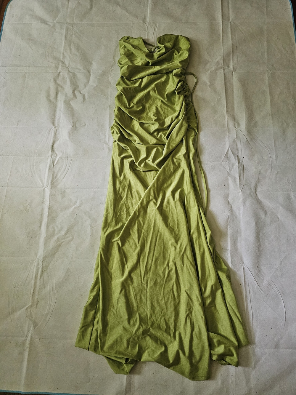 Fashion Nova Strap Back Lace Lime Green Ruched Maxi Dress